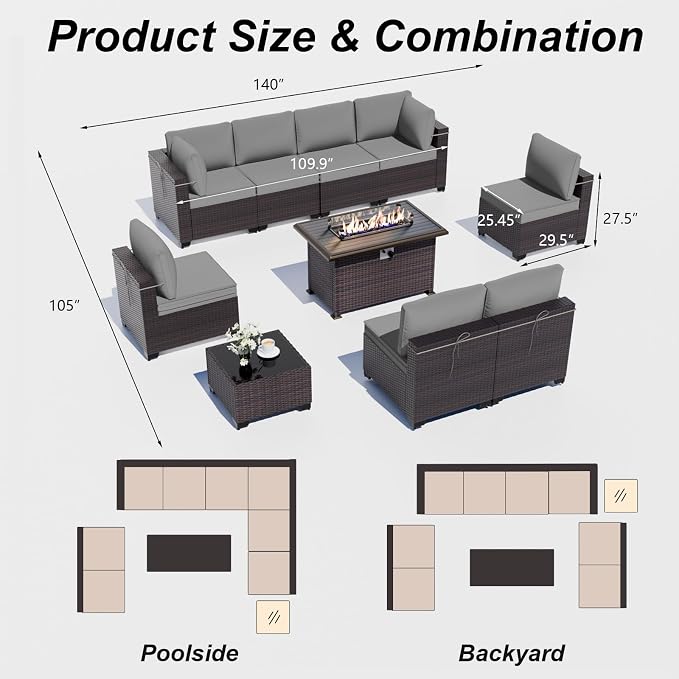 ALAULM 10 Pieces Patio Furniture Set with Propane Fire Pit Table Outdoor Sectional Sofa Sets Patio Furniture 43" Gas Fire Pit Brown PE Rattan Patio Conversation Set w/8 Seat Cushions (Grey)