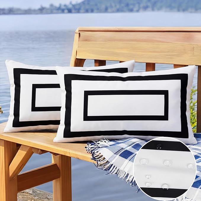 Pyonic Outdoor Waterproof Throw Pillow Covers 12 X 20 Inches Black and White Geometric Modern Pillow Covers for Patio Garden Porch Set of 2
