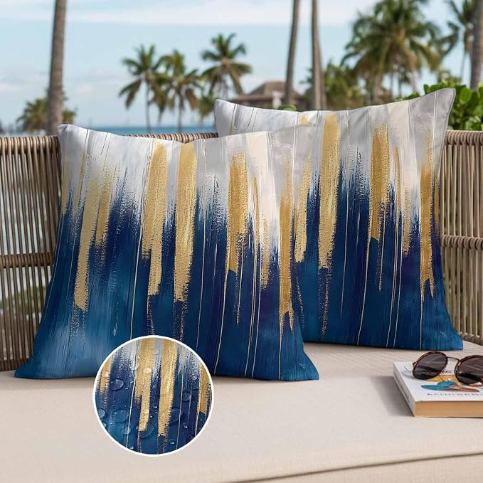 Abstract Color Block Outdoor Waterproof Throw Pillow Covers Set of 2, 24"x24", Navy Block Impressionist Style Decorative Pillow Covers Outside Cushion Case for Patio Porch Garden