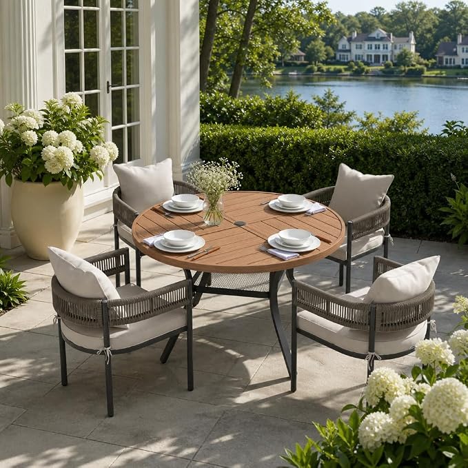VICLLAX Patio Dining Set, 40.7" Walnut Table & 4 Chairs with Wheat Cushion | Outdoor Table and Chairs Set of Round Metal Patio Table, Outdoor Dining Chairs with Metal Frame, Garden Deck Porch