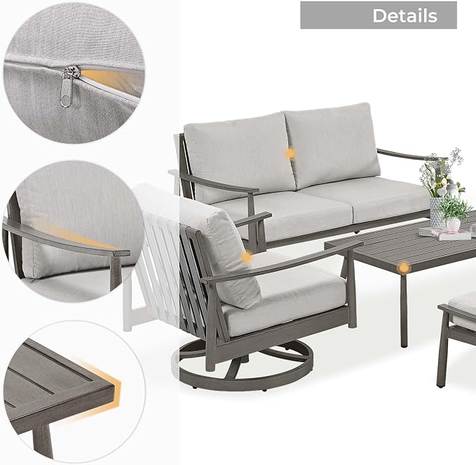 HAPPATIO Patio Outdoor Furniture Set - 6 Pieces Aluminum Outdoor Conversation Set with 1 Cushioned Loveseat, 1 Coffee Table, 2 Swivel Chairs, and 2 Ottomans for Yard, Porch, and Deck (Grey)