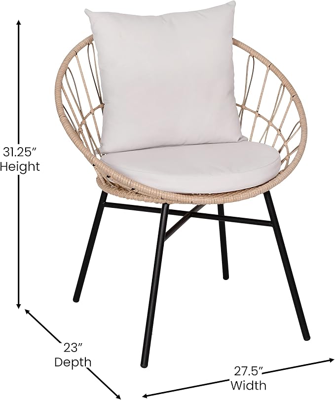 EMMA + OLIVER Ari 3 Piece Boho Patio Set - Tan Finish Faux Rattan Rope Chairs - Light Gray Removable Cushions - Tempered Glass Top Side Table - Indoor/Outdoor