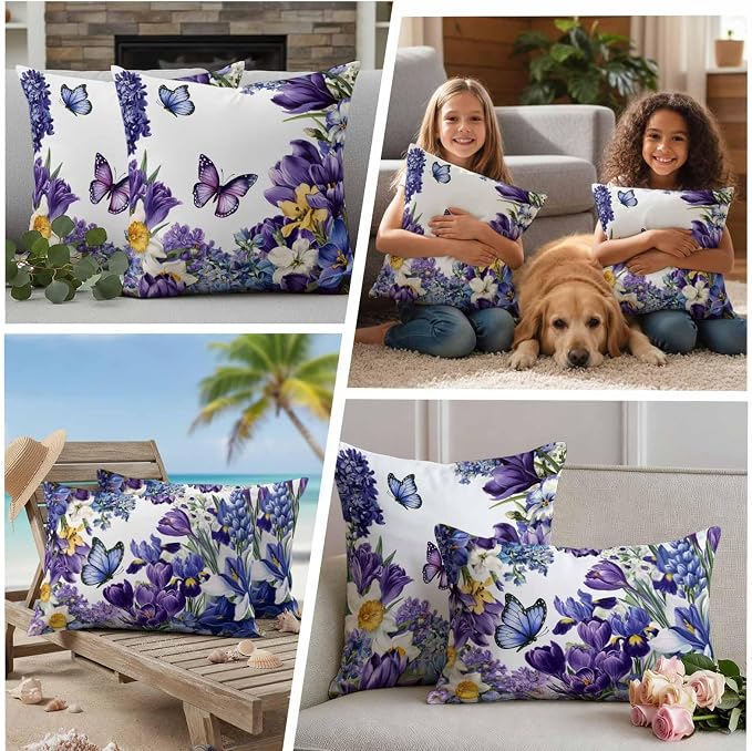 Outdoor Waterproof Pillow Covers for Patio Furniture Purple Blue Flowers Butterfly Throw Pillow Cover Watercolor Floral White Pillowcases Set of 2 Cushion Case for Sofa Couch Chair 20x20 inch