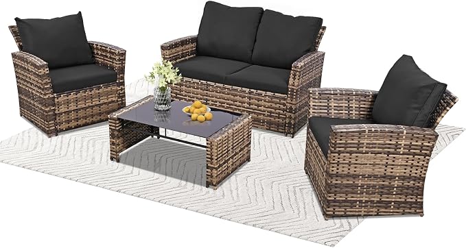 FHFO 4 Piece Outdoor Wicker Patio Furniture Set, Yellow/Black | Sectional Sofa | All-Weather Hand-Woven Rattan | Tempered Glass Coffee Table | Durable Fabric | Indoor & Outdoor Use