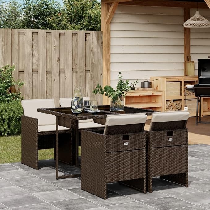 5 Piece Patio Dining Set with Cushions Brown Poly Rattan Outdoor Table and 4 Chairs for Garden Backyard Porch Folding Foldable Stackable Space Saving Tempered Glass Top UV Proof