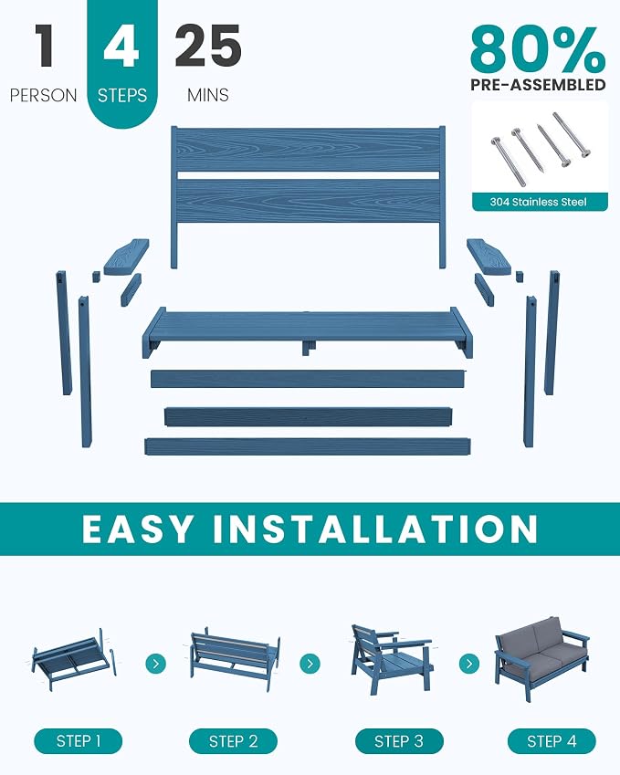 SERWALL HDPE Outdoor Patio Loveseat, Blue Frame and Grey Cushion