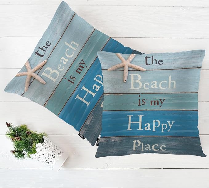 Swono Decorative Square Pillow Covers 18x18 Inch Beach, The Beach is My Happy Place Wooden Quote Polyester Pillow Case Set of 2, Soft Cushion Cover Pillowcases for Home Bedroom Couch Sofa Armchair