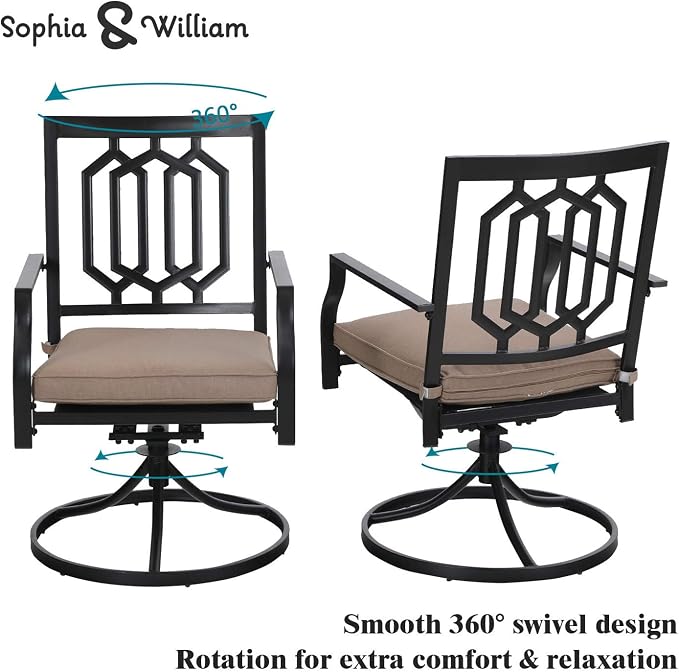 Sophia & William Metal Outdoor Swivel Dining Set Bistro Furniture Set 3 Pieces with 2 x Patio Dining Chairs with Cushion and 1 x Small Round Side Coffee Table for Garden Yard, Black