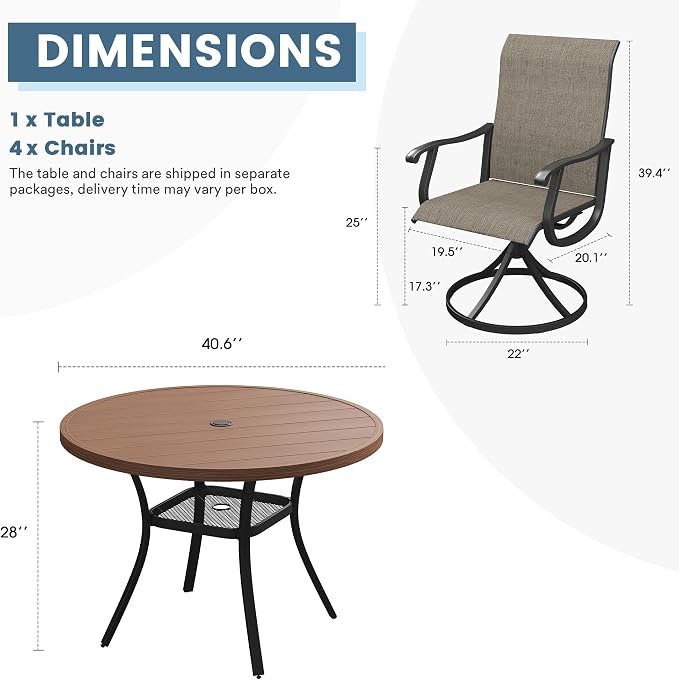 DIFY Outdoor Dining Set for 4, 5 Piece Patio Table and Chairs Set, Swivel Patio Dining Chairs with Brown Textilene & 40.6" Walnut Round Metal Dining Table with Umbrella Hole, for Garden Backyard Deck