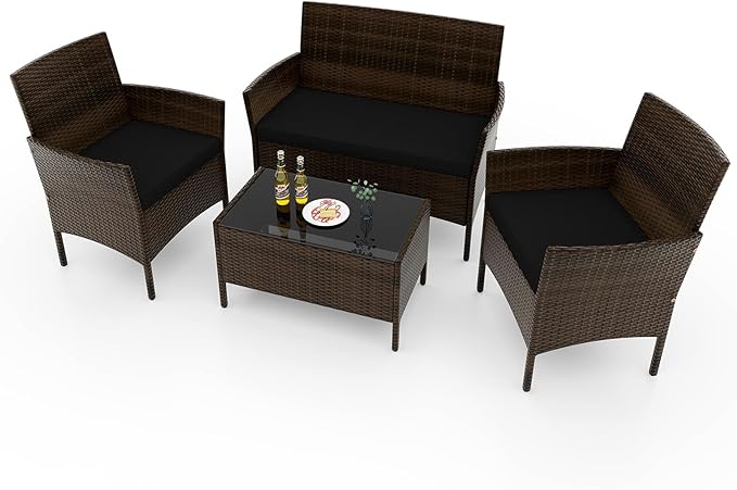 RELAX4LIFE 4-Piece Patio Furniture Set - Rattan Outdoor Conversation Bistro Set w/Cushions, Glass Coffee Table, Wicker Chairs & Loveseat for Garden Backyard Porch, Balcony Furniture Set (1, Black)