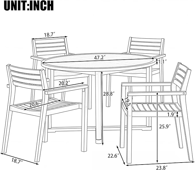 Merax 5-Piece Outdoor Dining Set for 4 People, Weather-Resistant Sturdy Acacia Wood Furniture Sets, 47.2" Round Dining Table, for Patios Garden Poolside Lawn, Light Gray Tabletop+Light Brown Chair