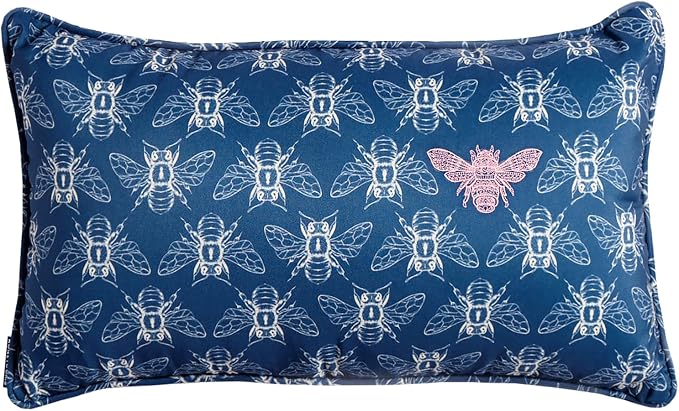 Honeycomb Indoor/Outdoor Lumbar Pillow for Patio Furniture, 20 x 12 | Nocturnal Blue Embroidered Bumble Bee Throw Pillow, Water & Fade Resistant for Patio Furniture Set