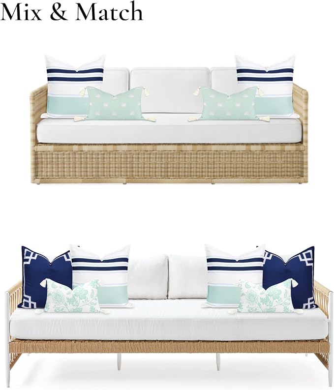 Hofdeco Premium Coastal Patio Indoor Outdoor Throw Pillow Cover Only, 20"x20" Water Repellent for Backyard, Couch, Navy Blue Aqua Stripes