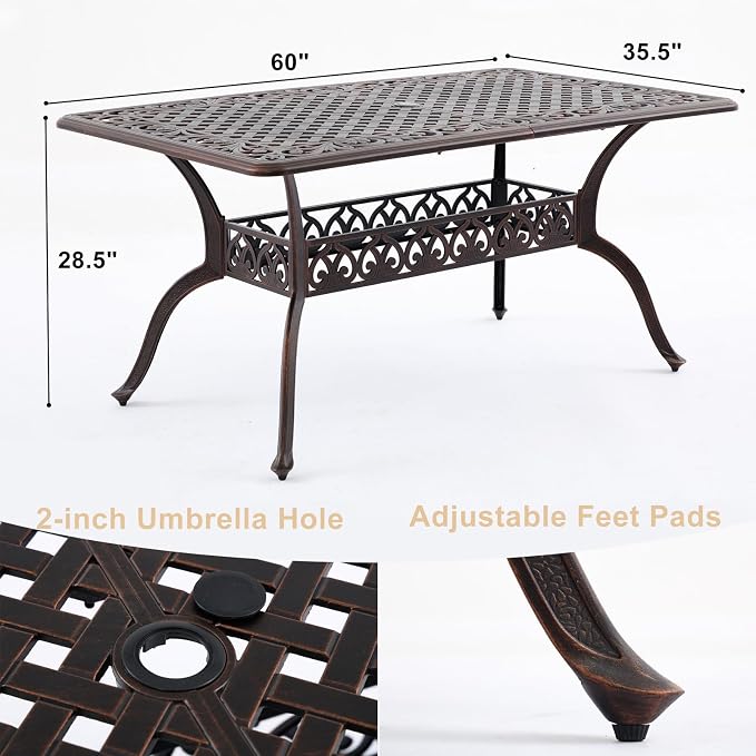 7-Piece Cast Aluminum Outdoor Dining Set, Copper Red Patio Furniture for 6 Includes 60" Rectangular Dining Table and Unique Strawberry & Leaf 6 Stackable Chairs with Cushions & Umbrella Hole