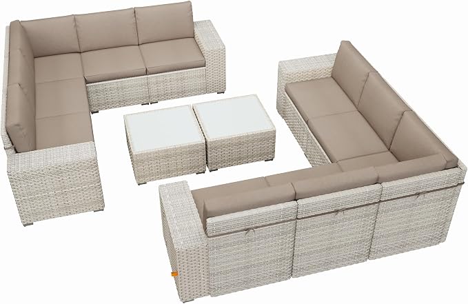 12 Piece Patio Furniture Set, 9.8" Wide Arm Sectional Sofa with Storage Armrests, All-Weather Rattan Outdoor Conversation Set for Garden, Porch, Lawn, Backyard, Balcony, Khaki