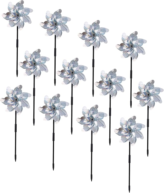 BATTIFE Preassembled Reflective Pinwheels for Yard & Garden, Silver, 12Pack | Sparkly Reflective Material Spinner, Spins Best in Steady Wind, Animal-Deterrent Results Vary by Placement and Conditions
