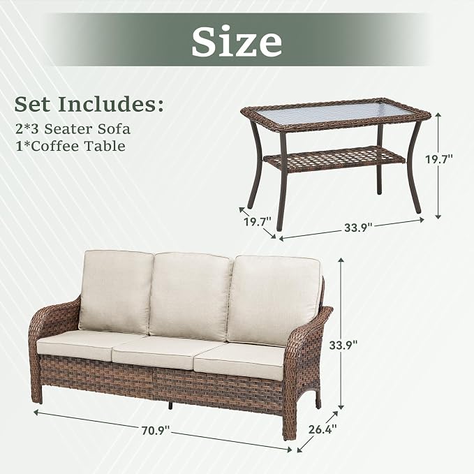 3 PCS Patio Furniture Set, 2 Outdoor Wicker Sofas with Coffee Table, 4-Inch Thick Olefin Cushions & Curved Armrests, 300 lbs Capacity Rattan Conversation Set for Porch, Garden, Beige