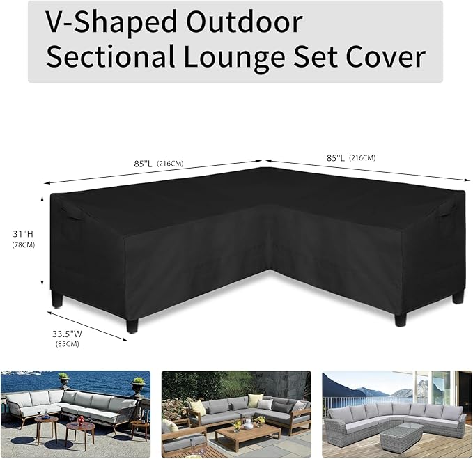 Easy-Going 600D Patio V-Shaped Sectional Sofa Cover, Heavy Duty Outdoor Sectional Cover, Waterproof Furniture Cover with Air Vent 85" L (on Each Side) x 33.5" D x 31" H, Black