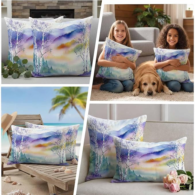 Forest Landscape Outdoor Pillow Covers Set of 2 Watercolor Yellow Purple Green Mountain Peaks Tree Waterproof Throw Pillow Cover Decorative Cushion Cases for Patio Porch Garden 18X18 Inch