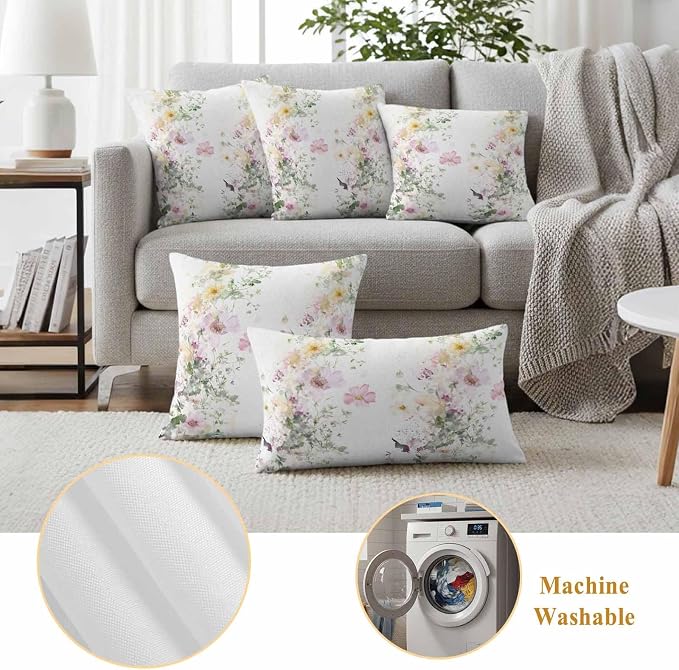 Watercolor Flowers Outdoor Waterproof Throw Pillow Covers Set of 2, 20"x12", Spring Retro Floral Purple Green Yellow Decorative Pillow Covers Outside Cushion Case for Patio Porch Garden