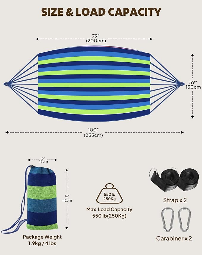 ANYOO Cotton Hammocks Portable Hammock with Tree Straps Easy Setup Indoor/Outdoor Hanging Bed 550lb Capacity Perfect for Backyard Camping Travel