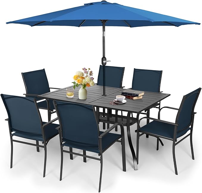 Crownland 7 Piece Patio Dining Set, Textilene Dining Sets, 6 Textilene Metal Chairs and Rectangular Outdoor Dining Table with Dark Blue 9FT Round Outdoor Umbrella (Blue)