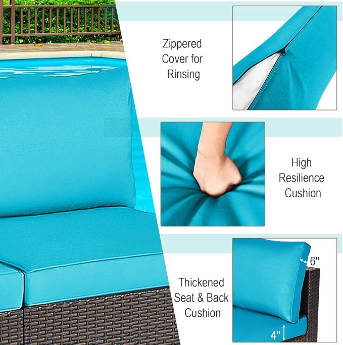 Tangkula 2 PCS Outdoor Wicker Armless Sofa, Patio Rattan Sectional Sofa Set w/2 Thick Seat Cushions and 2 Back Cushions, Additional Seats for Balcony Garden Patio Poolside (Turquoise)
