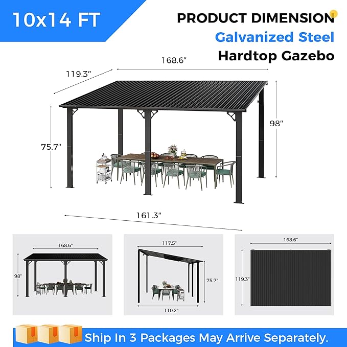 AirWire 10'x14' Lean to Gazebo, Hardtop Pergola with Metal Roof, Wall Mounted Heavy Duty Canopy Awning for Backyard, Deck and More