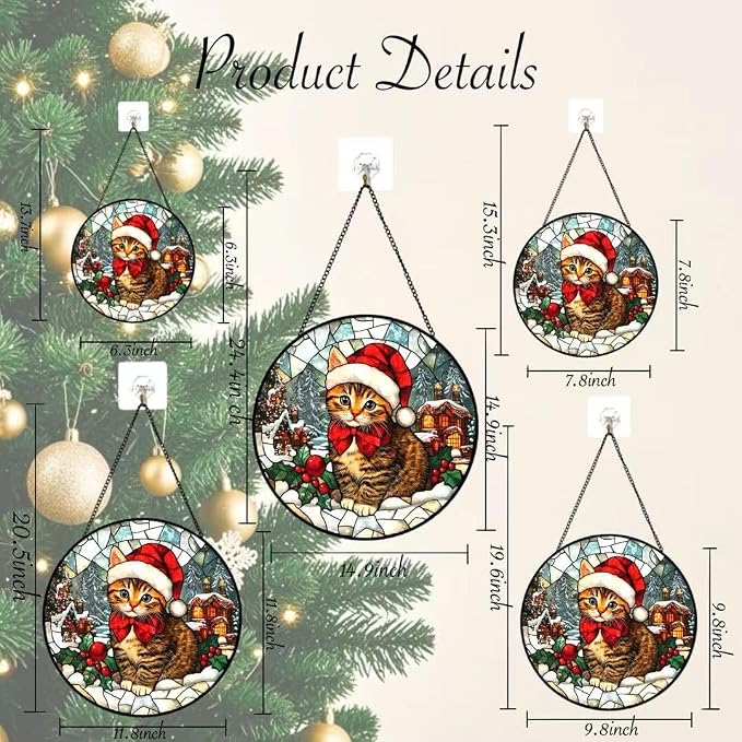Stained Glass Window Hanging - 6.3 Inches Cat and Snowy Day Christmas Suncatcher for Garden Home Decor for Women Mon Grandma Friends