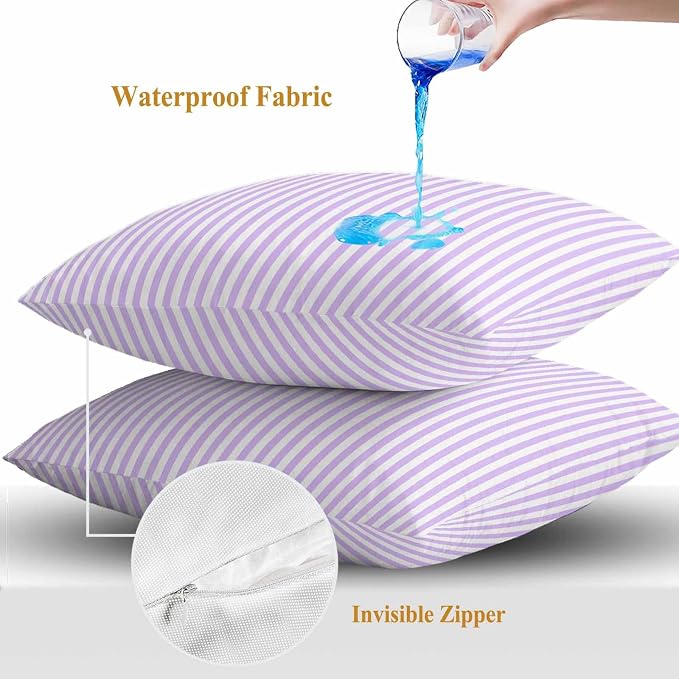 Throw Pillow Covers 20x20 Inch Set of 2, Purple White Stripe Waterproof Outdoor Cushion Covers, Modern Minimalist Geometric Striped Decorative Pillowcases for Couch, Sofa, Bed, Garden, Patio