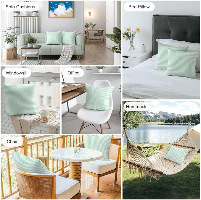 Throw Pillow Covers 24x24 Inch Set of 2, Green White Stripe Waterproof Outdoor Cushion Covers, Modern Minimalist Geometric Striped Decorative Pillowcases for Couch, Sofa, Bed, Garden, Patio