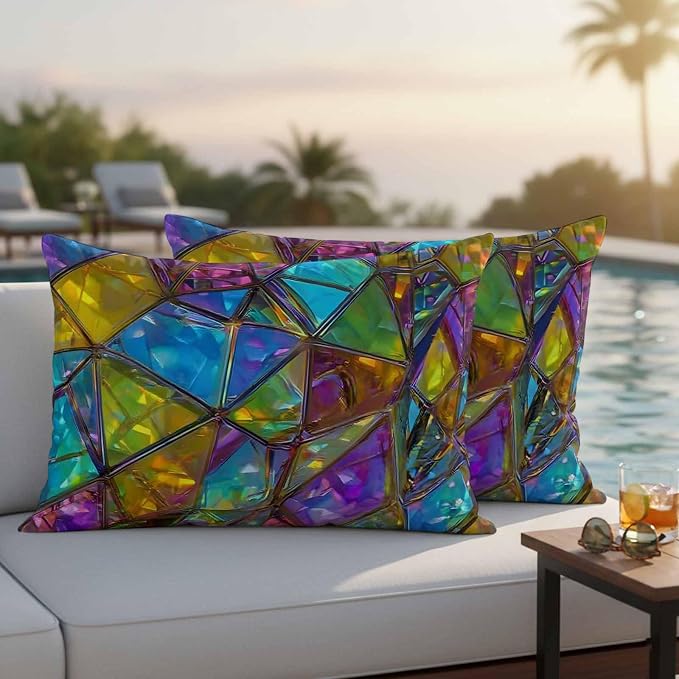 Abstract Geometric Outdoor Waterproof Pillow Covers Set of 2, Rainbow Gradient Crystal Color Blocks Modern Pillowcase Decorative Throw Cushion Cases for Patio Garden Couch 20 x 12 Inches