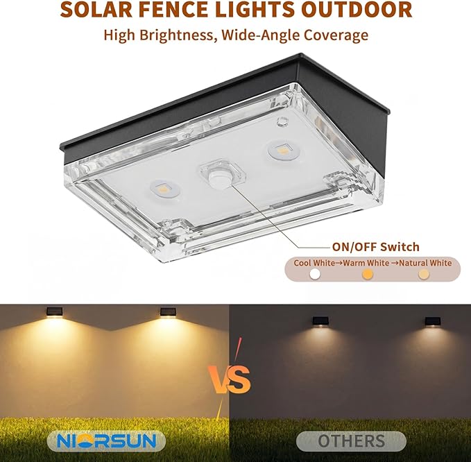 NIORSUN Solar Fence Lights 16 Pack, Outdoor Solar Lights with 3 Color Temperatures, IP65 Waterproof Wide-Angle LED Lighting for Fence, Patio, Yard, Deck, Wall, Garden (Black)