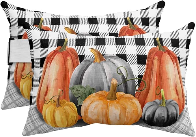 Outdoor Pillows Covers with Inserts Fall Pumpkin Black White Lattice Waterproof Recliner Pillow with Adjustable Strap Throw Pillows for Patio Furniture Pool Lounge Chair, 11x16 inch, 2PCS