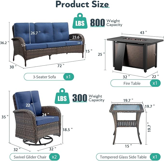 5 Piece Patio Furniture Set with Fire Pit Table - Wicker Patio Conversation Set with Swivel Glider, 3-Seat Sofa, Tempered Glass Side Table for Deck Backyard - Brown Wicker Blue Cushion