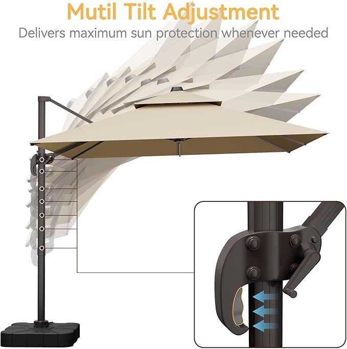 10x10 FT Patio Umbrella with Base, Large Cantilever Double Top Heavy Duty Offset Umbrellas with 360° Rotation, Outdoor shade for Garden Deck Pool, Beige