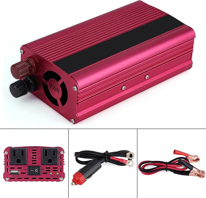 1500 Watt Inverter, Inversor de Corriente 12V DC A 110V, Power Inverter, with 3.1 A USB Port, for in Car Us, Vehicles, Red