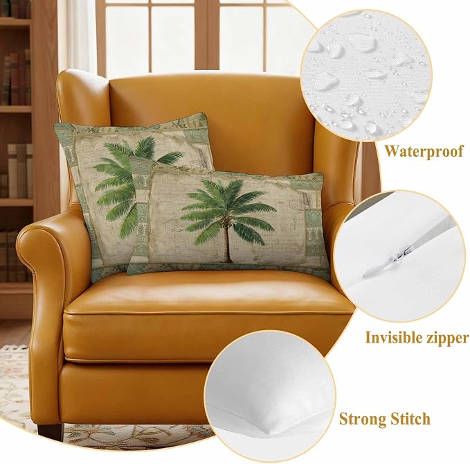 Summer Palm Trees Outdoor Pillow Covers 20"x20" Set of 2, Green Tropical Leaves Retro Boho Vintage Texture Waterproof Throw Pillow Covers for Patio Furniture, Decorative Cushion Covers for Porch