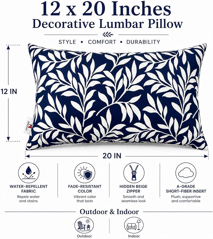 Outdoor Patio Lumbar Pillows Pack of 2, 12"x20" | Fade Resistant Outdoor Waterproof Lumbar Pillow with Inners Decorative Garden Lumbar Cushions for Home Patio Terrace Sofa