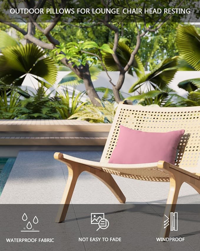 DecorLovee Pink Outdoor Recliner Pillows for Head, Modern Pure Pink Waterproof Chair Pillow with Elastic Stripe, Farmhouse Chaise Lounge Headrest Pillow for Patio/Beach/Pool 2Pack, 11"x16"