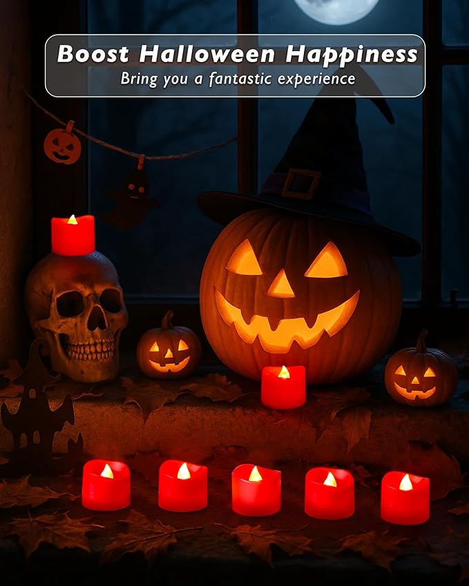 Raycare 24 Pack Red Battery Operated Tea Lights, 200+Hour Electric Flickering Flameless Candles, Realistic Votive LED Tea Lights for Wedding Party Table Halloween Christmas Decorations