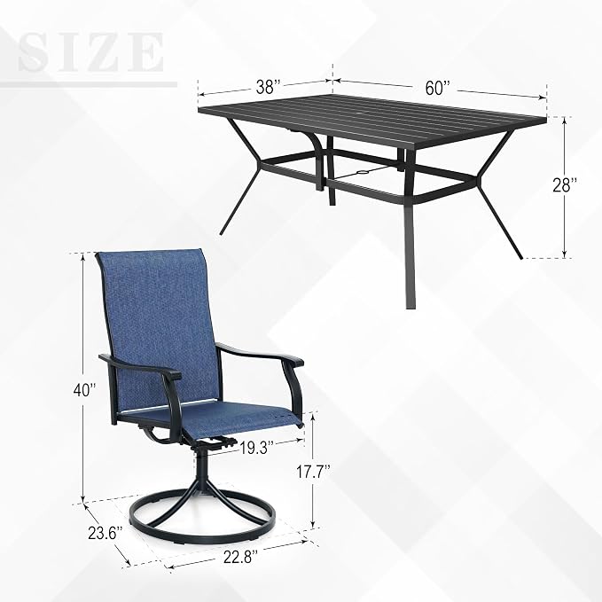 Anmutig 7-Piece Outdoor Dining Set, 6 Swivel Patio Chairs & 60'' Rectangular Dining Table with All Weather Frame Furniture Set - Navy Style1