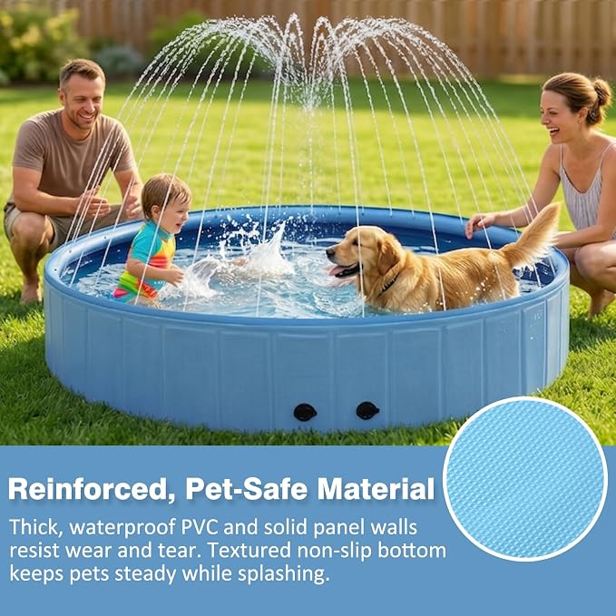 Eooqi Foldable Dog Pool with Sprinkler, 63 Inch Extra Large Thickened Splash Pool, 2-in-1 Outdoor Summer Water Play Toy, Non-Slip Hard-Side Kiddie Pool for Backyard Dogs, Kids & Pets (Blue, 63''-2XL)