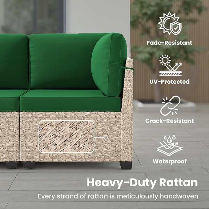 Soohow 7-Piece Patio Furniture Set, Outdoor Sectional All-Weather Wicker Patio Conversation Set for Garden, Porch, Backyard - Green Cushions