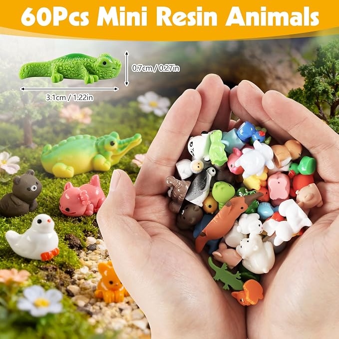 Prudiut 60 Pcs Mini Resin Animal Figures 60 Styles for Fairy Garden Decor | Tiny Resin Animal to Hide Assorted Little Animals Figures for Desk Pets Decor Miniature Landscape Dollhouse Accessories