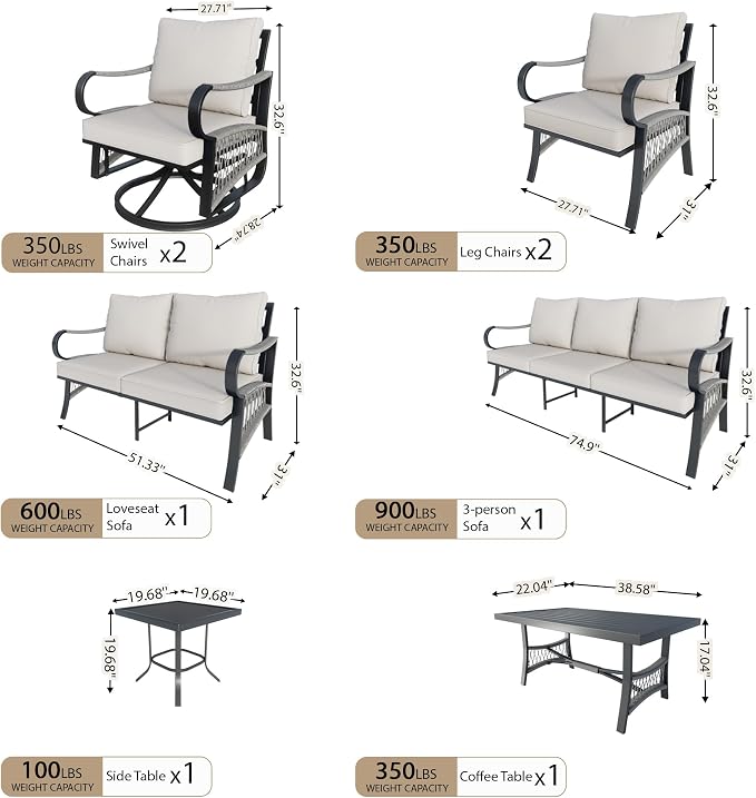 8 Pieces Outdoor Patio Conversation Sets, Rope Outdoor Furniture Set Metal 3-Seater Couch, 2 Swivel Rockers with Side Table and 2 Single Chairs, Loveseat Sofa with Coffee Table for Backyard, Beige