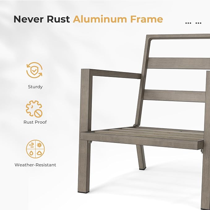 HAPPATIO Aluminum Patio Furniture Set, 4 Pieces Conversation Set with Thick Cushions and Coffee Table, All Weather Loveseat Waterproof and Rustproof for Garden, Backyard, Porch, Grey
