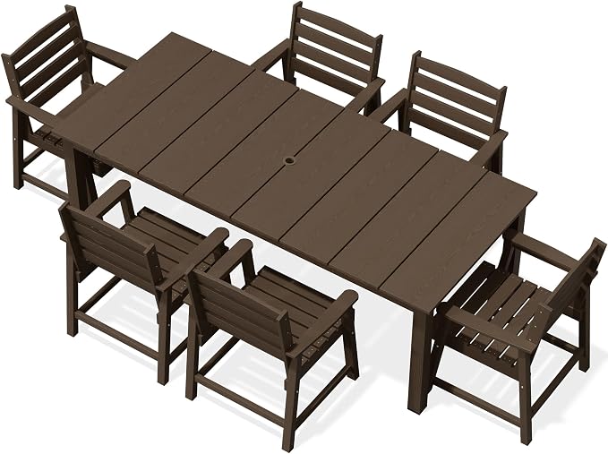 AreShark 7-Piece Outdoor Dining Set,HDPE Patio Table with 6 Armchairs,All-Weather Patio Furniture Set with Umbrella Hole,Low Maintenance Wood Grain Dining Set for Backyard,Garden,Poolside,Black