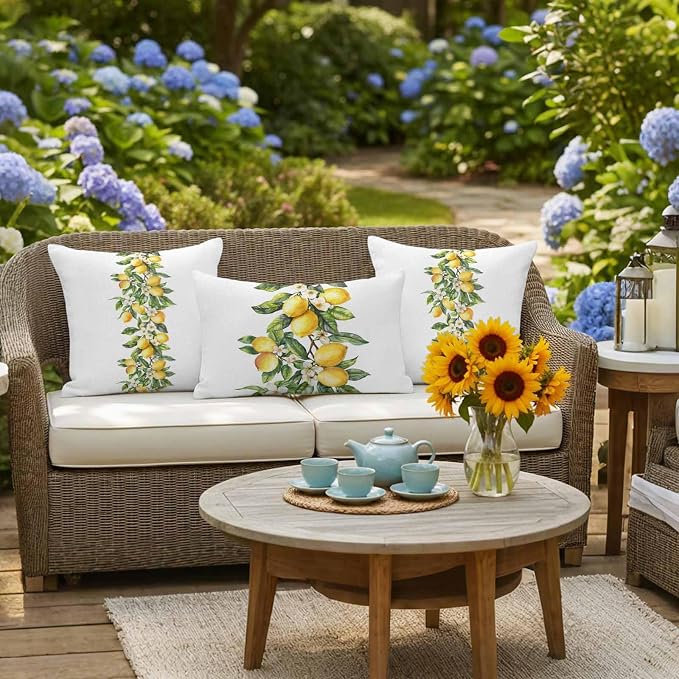 Yellow Lemon Waterproof Outdoor Pillow Covers Set of 2 Home Decor, Simple Spring Botanical Fruit Leaves Flower Pillowcase Patio Pillow Covers for Couch Bench Furniture Garden 24x24in