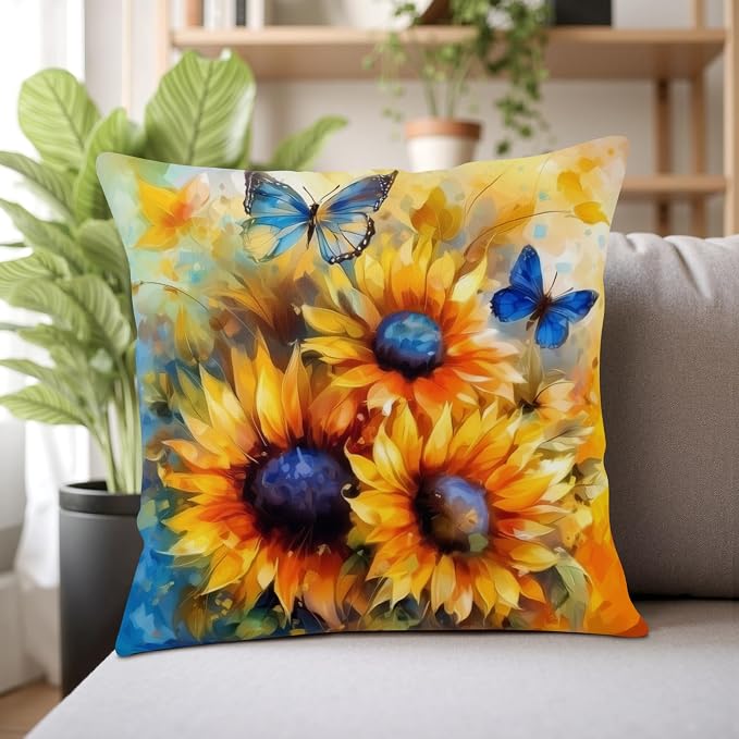 Oil Painting Sunflower Pillow Covers Sun Flower with Butterfly Throw Pillow Covers 20x20 Set of 2 Vintage Pillowcase Double Sided Printing Cushion Case for Home Decor Outdoor Sofa